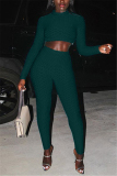 Dark green Fashion Casual Solid Basic O Neck Long Sleeve Two Pieces