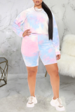 Pink Sexy Print Tie-dye Hooded Collar Plus Size 
