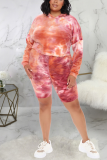 Pink Sexy Print Tie-dye Hooded Collar Plus Size 