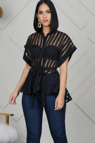 Black Polyester O Neck Short Sleeve Striped Solid Patchwork  Blouses & Shirts