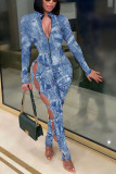 Blue Sexy Print Hollowed Out Split Joint Zipper Collar Skinny Jumpsuits