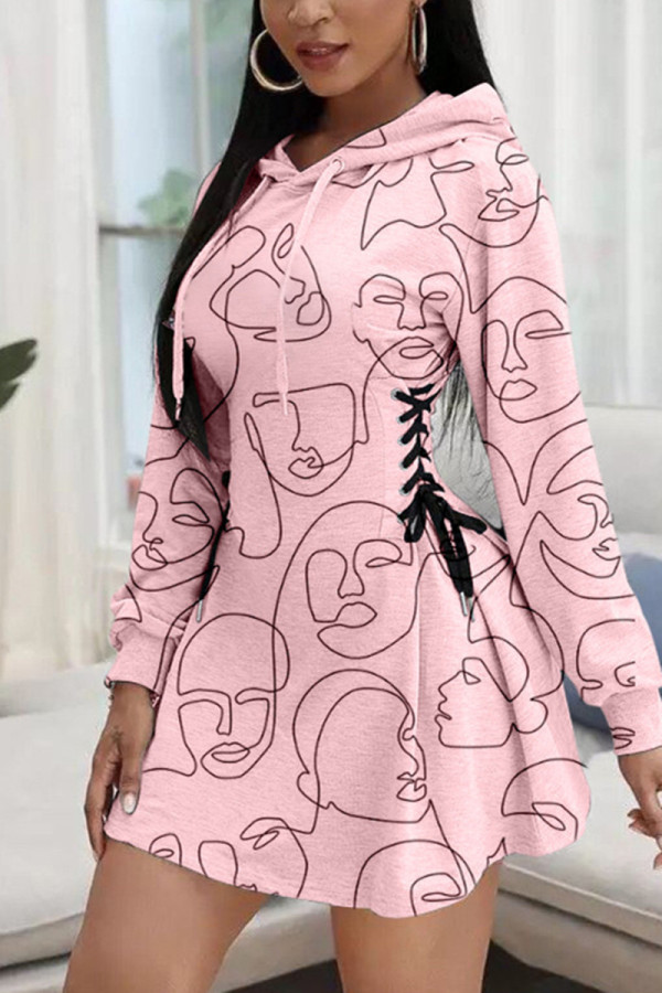 Pink Fashion Casual Print Strap Design Hooded Collar Printed Dress