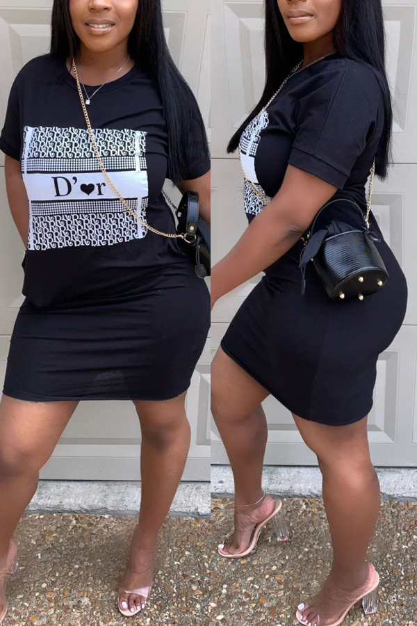 Black Fashion Sexy Regular Sleeve Short Sleeve O Neck Short Sleeve Dress Knee Length Print Dresses