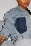 Blue Fashion Casual Rivets Buckle Turndown Collar Outerwear