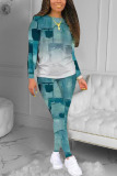 Blue Casual Print O Neck Long Sleeve Two Pieces