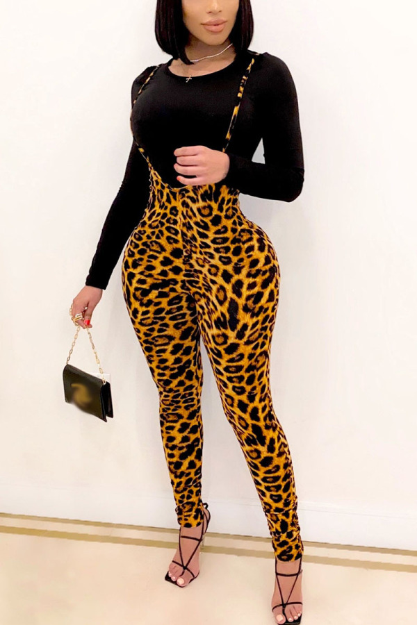 Leopard Print Work Daily Print O Neck Long Sleeve Two Pieces