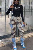 Camouflage Fashion Casual Camouflage Print Patchwork Strap Design Mid Waist Regular Jeans