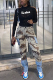 Camouflage Fashion Casual Camouflage Print Patchwork Strap Design Mid Waist Regular Jeans