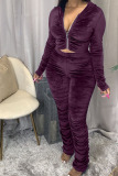 Wine Red Fashion Sexy Adult Pleuche Solid Fold Hooded Collar Long Sleeve Regular Sleeve Regular Two Pieces