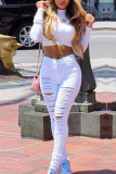 White Fashion Casual Solid Ripped Mid Waist Skinny Jeans