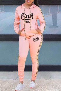 Pink Casual Letter Print Split Joint Hooded Collar Long Sleeve Two Pieces