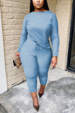 Light Blue Casual Solid Split Joint O Neck Long Sleeve Two Pieces