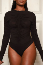 Black Sexy Solid Fold O Neck Regular Bodysuits