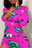 Pink Fashion adult Ma'am Sweet O Neck Print Two Piece Suits Pattern Plus Size