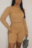 Yellow Casual Solid Turtleneck Long Sleeve Two Pieces