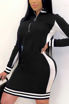 Black Sportswear Solid Split Joint Turndown Collar Pencil Skirt Dresses