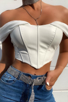 White Sexy Solid Split Joint Bateau Neck Tops
