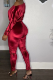 Wine Red Casual Velvet Off-The-Shoulder Jumpsuit (With Belt)