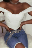 White Sexy Solid Patchwork Bateau Neck Tops