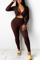 Brown Casual Solid O Neck Long Sleeve Two Pieces