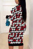 Red White British Style Print Hollowed Out O Neck A Line Dresses