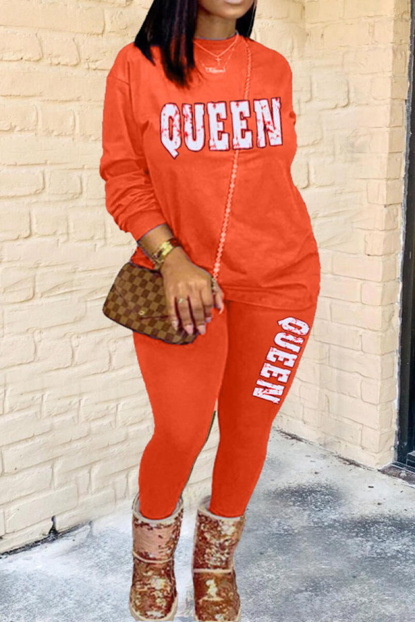 Orange Casual Print O Neck Long Sleeve Two Pieces