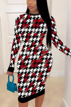 Red White British Style Print Hollowed Out O Neck A Line Dresses