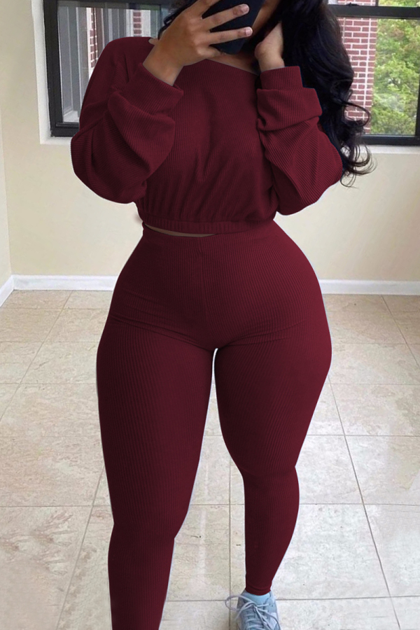 Wine Red Fashion Casual Solid Basic O Neck Long Sleeve Two Pieces
