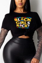 Black Casual Print O Neck Tops