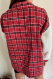 Red Fashion Casual Plaid Print Split Joint Cardigan Turndown Collar Outerwear