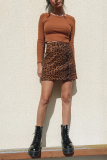 Brown Casual Leopard Split Joint Skinny No(Nonelastic) Mid Waist Pencil Bottoms