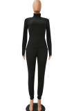 Black Casual Two Piece Suits Solid Patchwork pencil Long Sleeve Two-piece Pants Set
