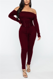 Wine Red Fashion Sexy Solid Backless Strap Design Bateau Neck Skinny Jumpsuits