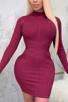 Wine Red Sexy Solid Split Joint O Neck Pencil Skirt Dresses