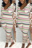 Multi-color Sexy Striped Long Sleeve V Neck Jumpsuits