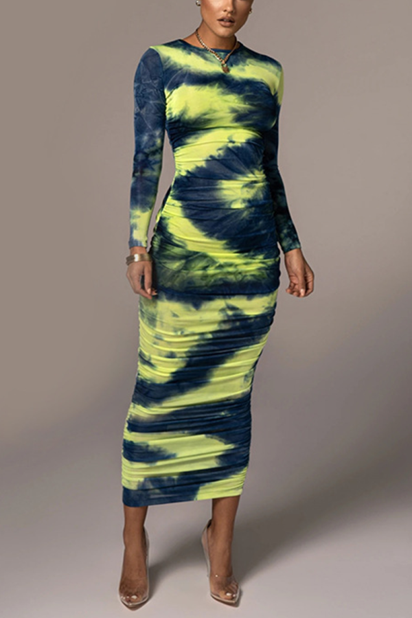 Blue Sexy Patchwork Tie-dye O Neck Sheath Dresses
