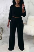 Black Elegant Solid Without Belt O Neck Long Sleeve Two Pieces