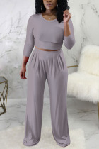 Grey Elegant Solid Without Belt O Neck Long Sleeve Two Pieces
