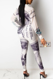 White Casual Print Bandage Shirt Collar Long Sleeve Two Pieces