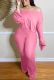 Pink Fashion Casual Solid Basic Bateau Neck Long Sleeve Two Pieces