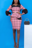 Pink Vintage Plaid Patchwork Square Collar Pencil Skirt Dresses