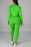 Green Casual Solid Basic O Neck Long Sleeve Two Pieces