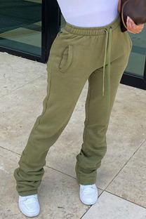 Army Green Casual Solid Fold Regular Small Elastic Mid Waist Pencil Bottoms