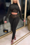 Black Fashion Sexy Solid Split Joint See-through O Neck Long Sleeve Two Pieces