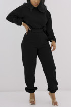 Black Fashion Casual Solid Basic Hooded Collar Long Sleeve Two Pieces