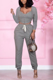 Grey Sexy Solid Square Collar Long Sleeve Two Pieces