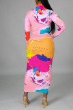 Pink British Style Print Turtleneck A Line Dresses