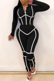 Black Casual Sportswear Zipper Collar Long Sleeve Regular Sleeve Solid Plus Size Set