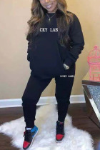 Black Sexy Letter Embroidered O Neck Long Sleeve Two Pieces