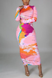 Pink British Style Print Turtleneck A Line Dresses